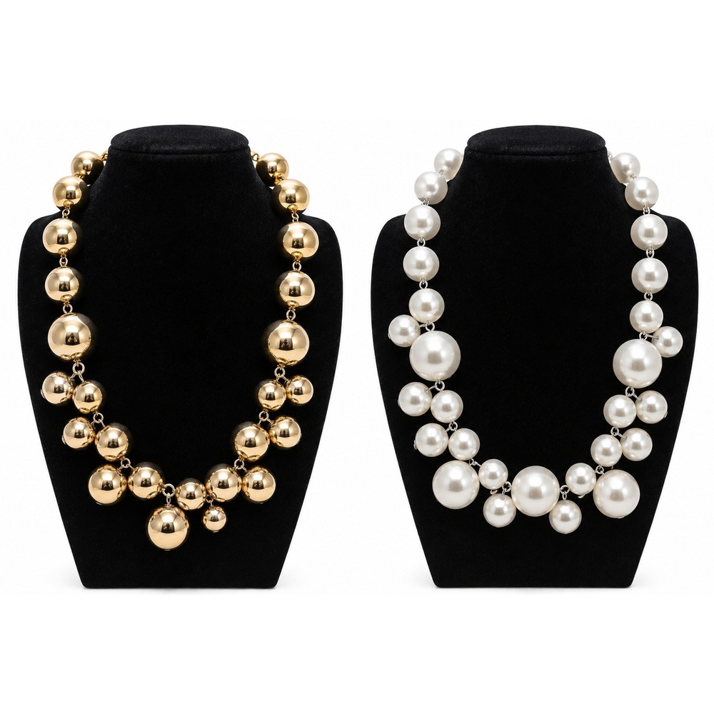 Womens 2pc Statement Chunky Bead Necklace Set Gold Metallic Faux Pearl Bib Glam